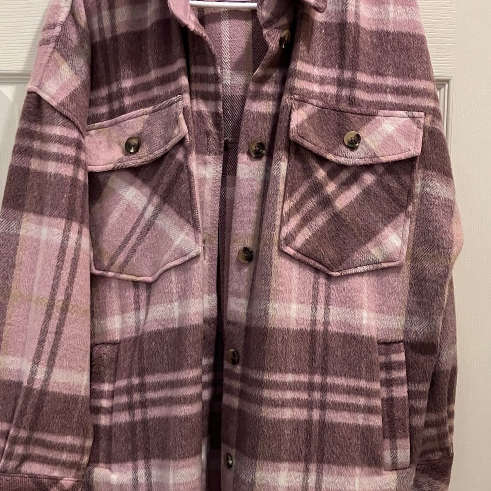 SO Plaid Shacket Jacket Women Pink Mauve Cream Longline Button Front L Oversized - Picture 3 of 4